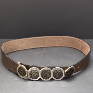 Rodier Genuine Brown Leather Woman's Belt with Coin Like Buckle.